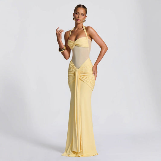 Women's Halterneck Maxi Dress – Twist Front Ruched Bodice