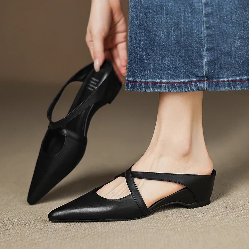 Women's Leather Heeled Mule – Pointed Toe Crossover Strap