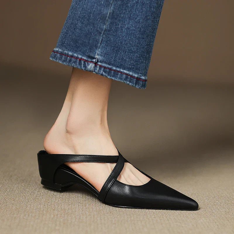 Women's Leather Heeled Mule – Pointed Toe Crossover Strap