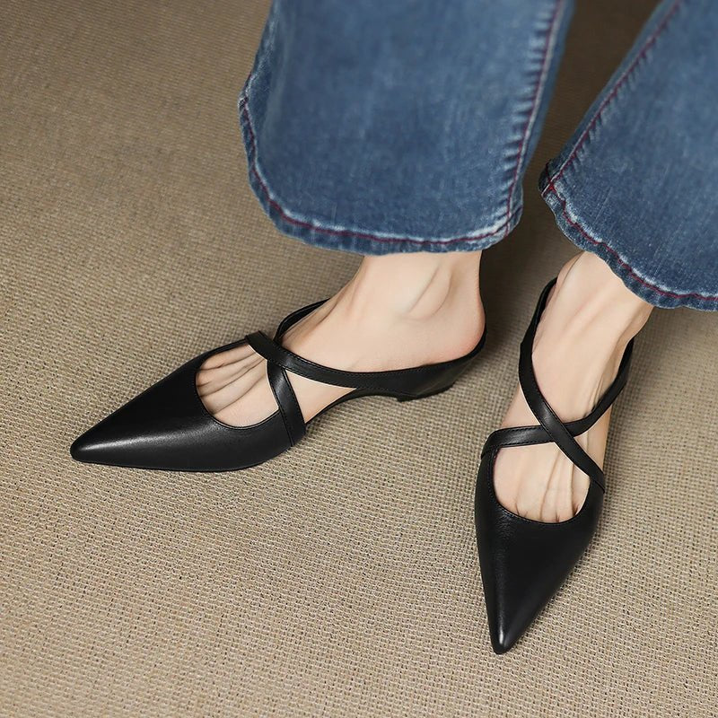 Women's Leather Heeled Mule – Pointed Toe Crossover Strap