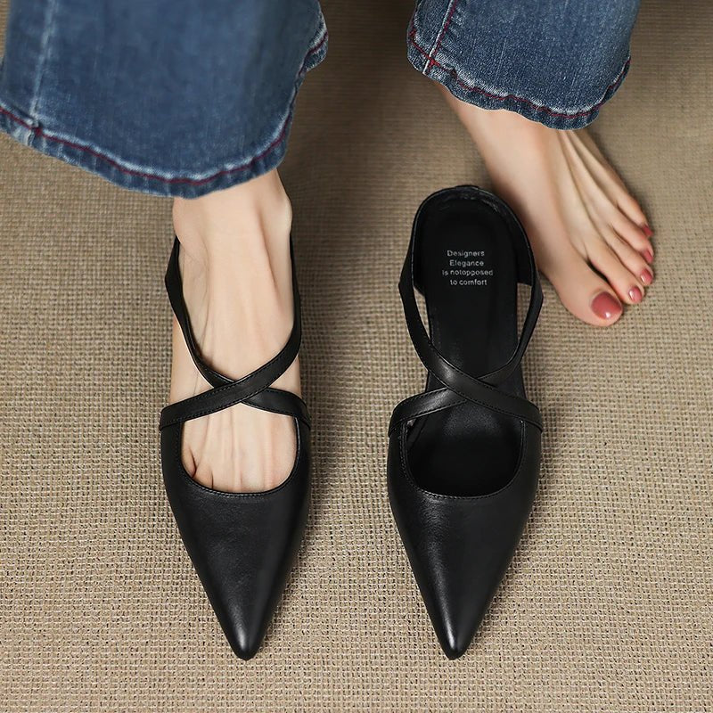 Women's Leather Heeled Mule – Pointed Toe Crossover Strap