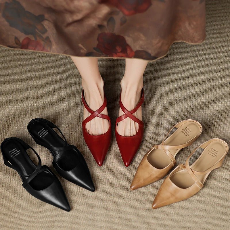 Women's Leather Heeled Mule – Pointed Toe Crossover Strap