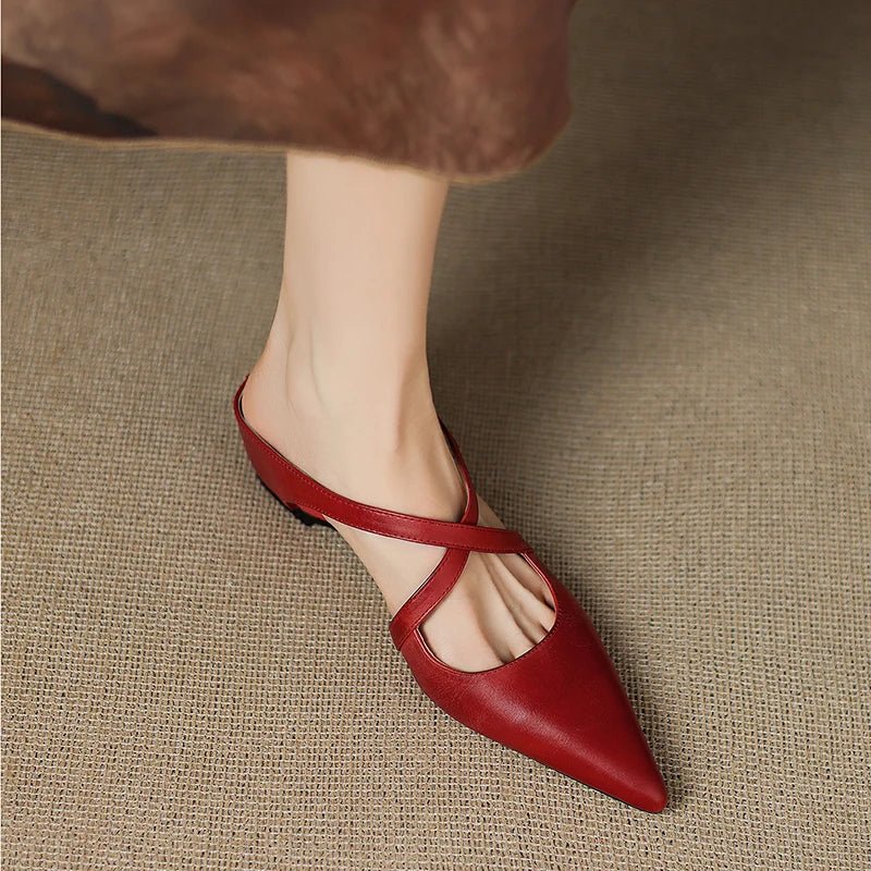 Women's Leather Heeled Mule – Pointed Toe Crossover Strap