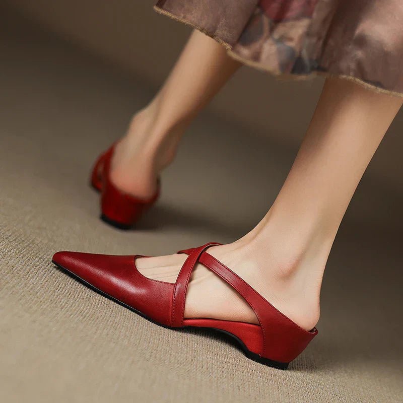 Women's Leather Heeled Mule – Pointed Toe Crossover Strap