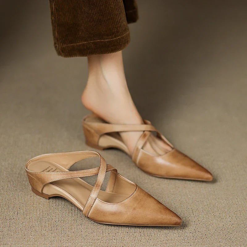 Women's Leather Heeled Mule – Pointed Toe Crossover Strap