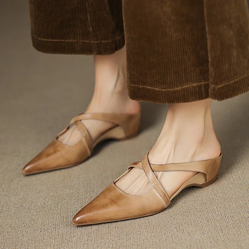 Women's Leather Heeled Mule – Pointed Toe Crossover Strap