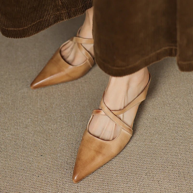 Women's Leather Heeled Mule – Pointed Toe Crossover Strap