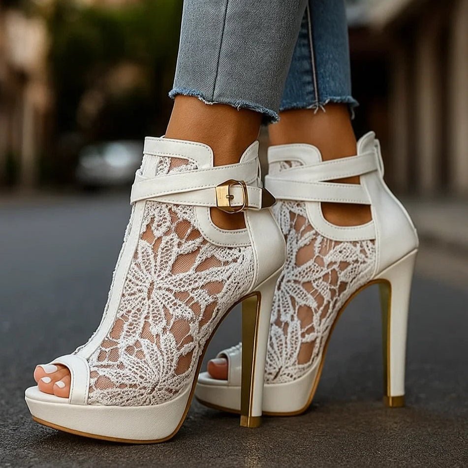 Women's Lace Peep-Toe Ankle Boot – Stiletto Heel & Strap