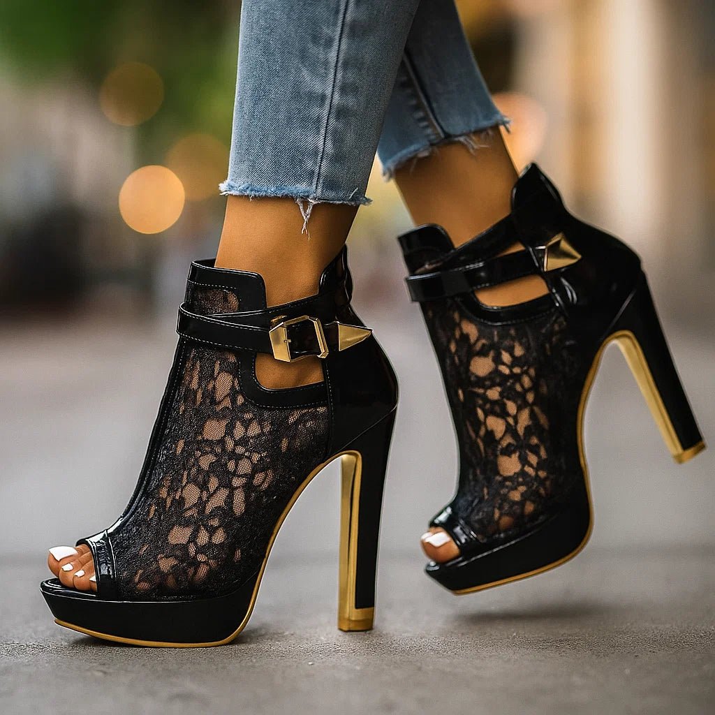 Women's Lace Peep-Toe Ankle Boot – Stiletto Heel & Strap