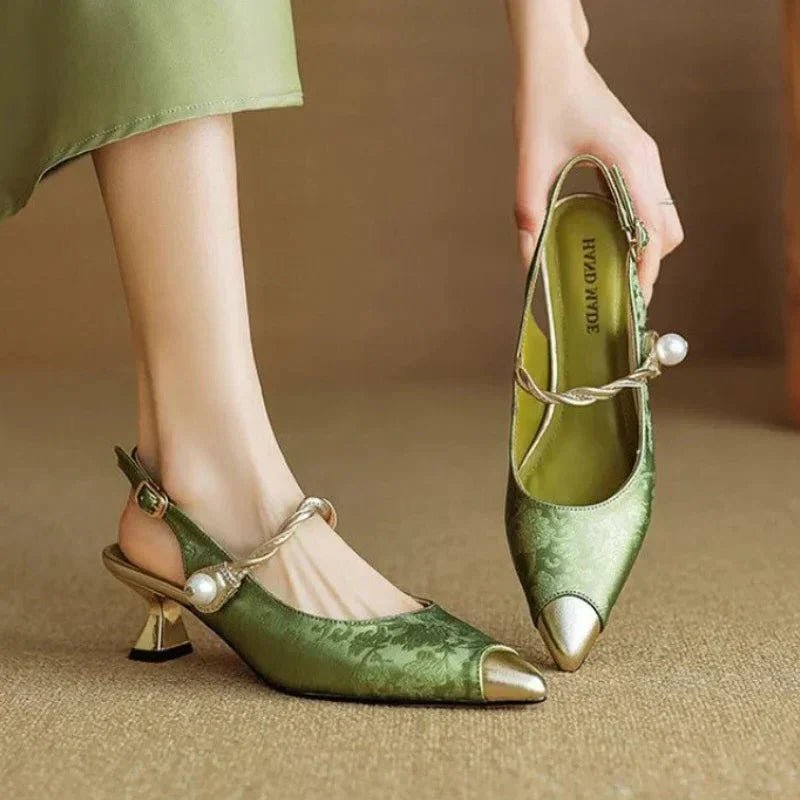 Women's Jacquard Slingback Heel – Pearl Strap Metallic Toe