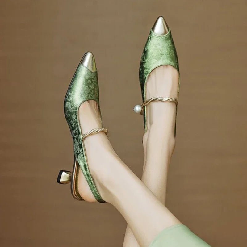 Women's Jacquard Slingback Heel – Pearl Strap Metallic Toe