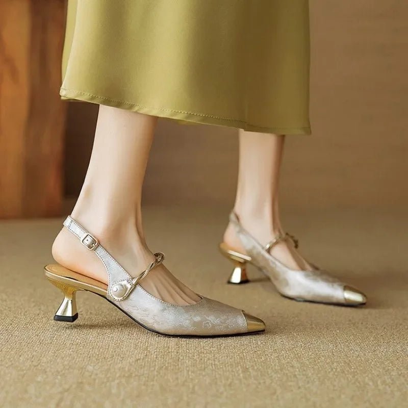 Women's Jacquard Slingback Heel – Pearl Strap Metallic Toe