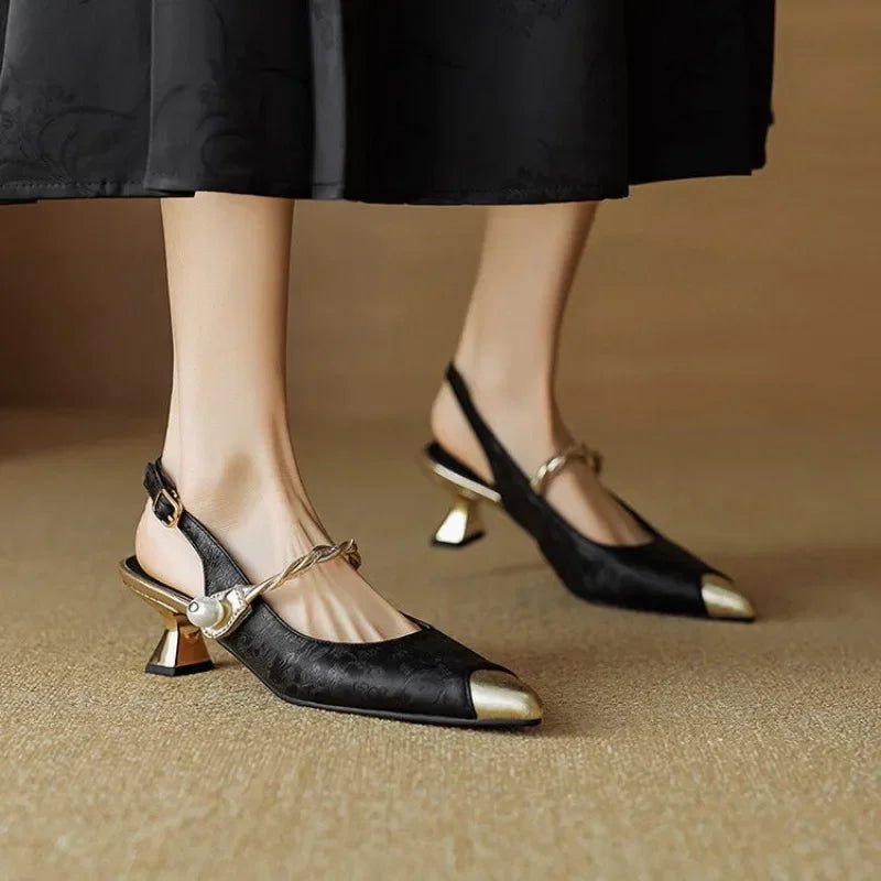 Women's Jacquard Slingback Heel – Pearl Strap Metallic Toe