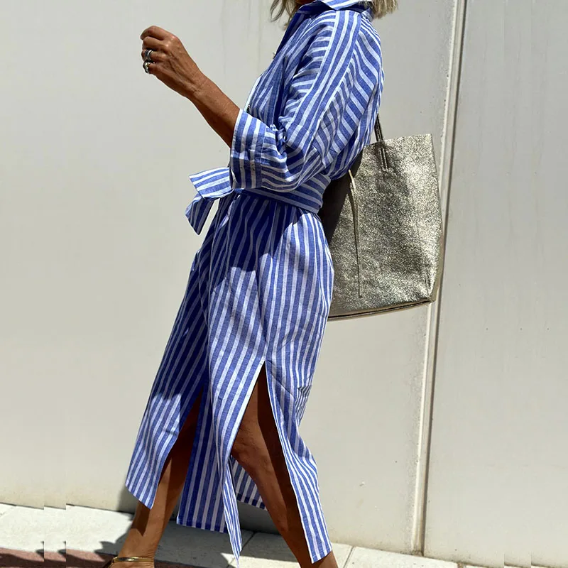 Women's Striped Shirt Dress – Loose Midi Fit