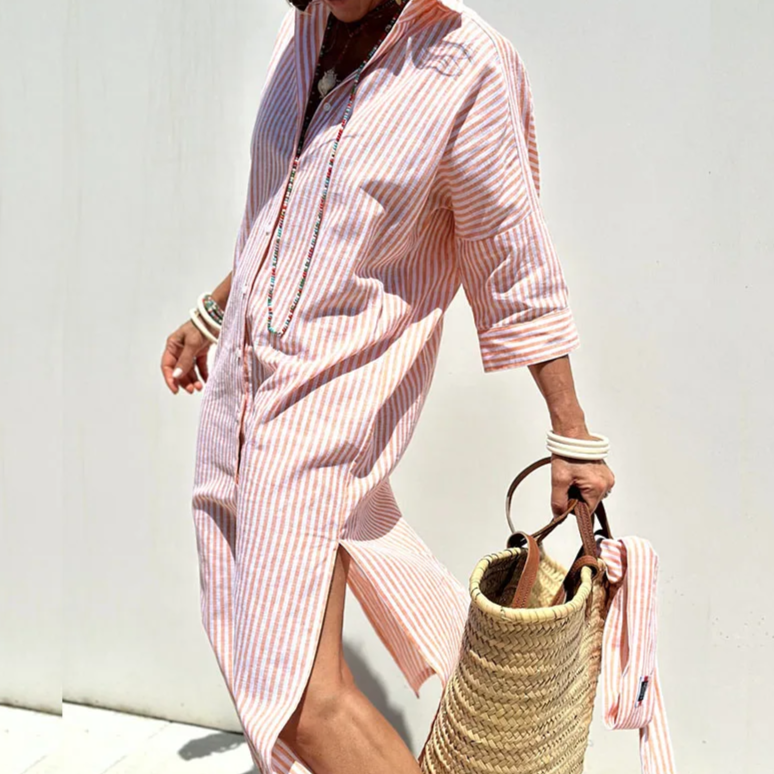 Women's Striped Shirt Dress – Loose Midi Fit