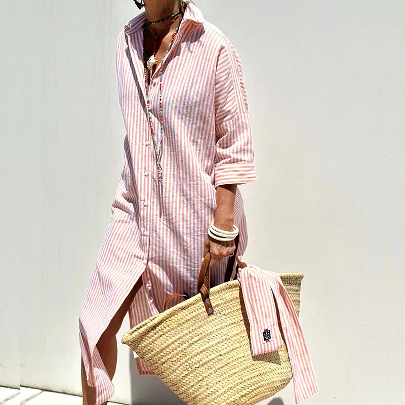 Women's Striped Shirt Dress – Loose Midi Fit