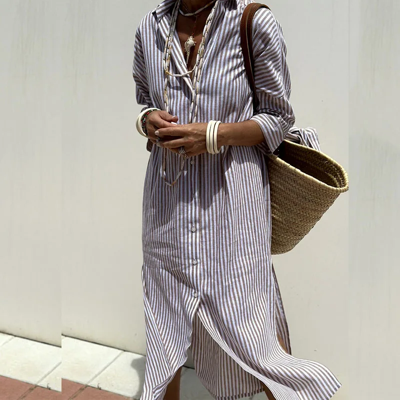Women's Striped Shirt Dress – Loose Midi Fit