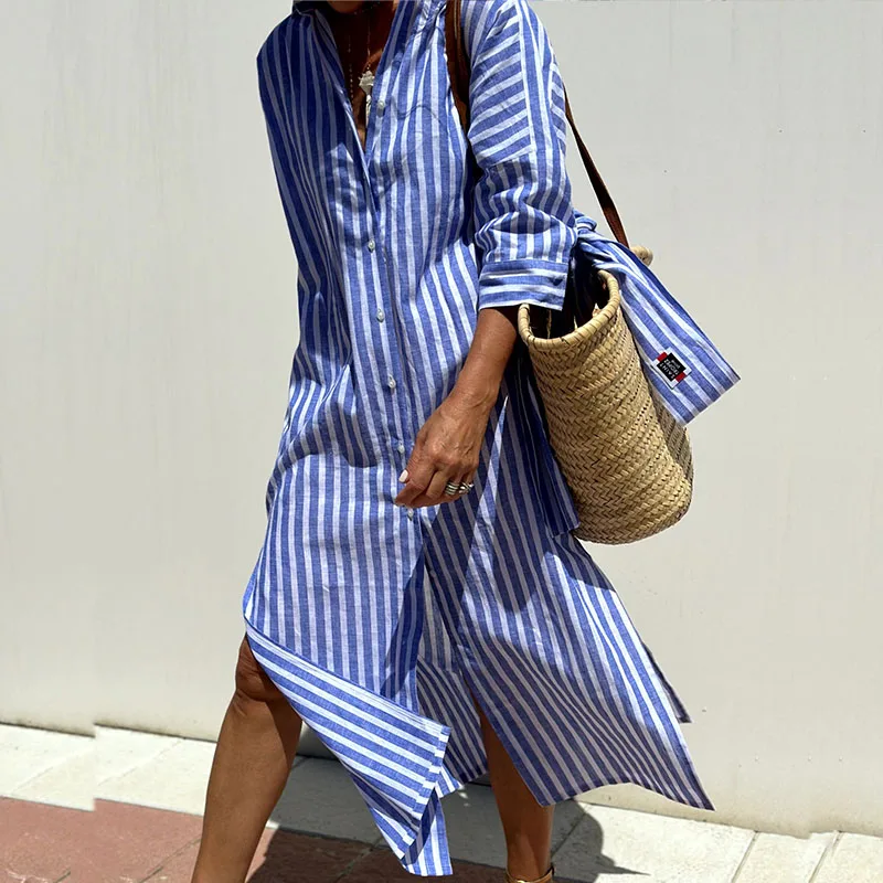 Women's Striped Shirt Dress – Loose Midi Fit
