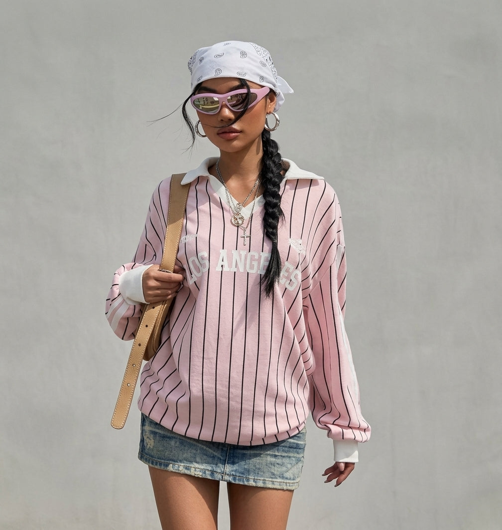 Women's Striped T-Shirt – Oversized Varsity Graphic