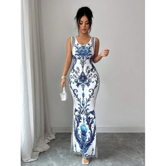 Women's Bodycon Maxi Dress – Greek Key Border Slit