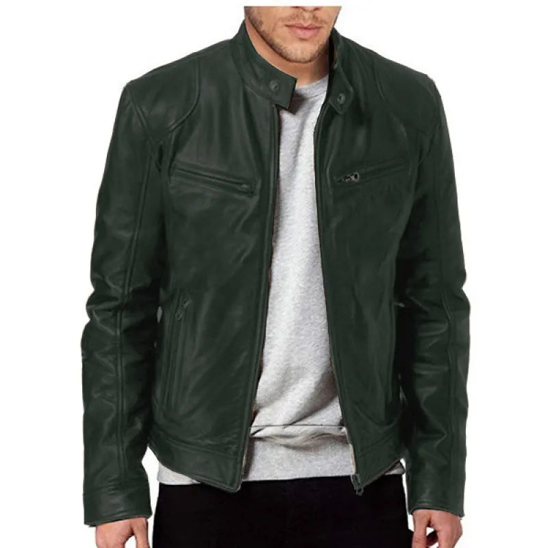 Men's Stand Collar Faux Leather Jacket – Slim Zip Front