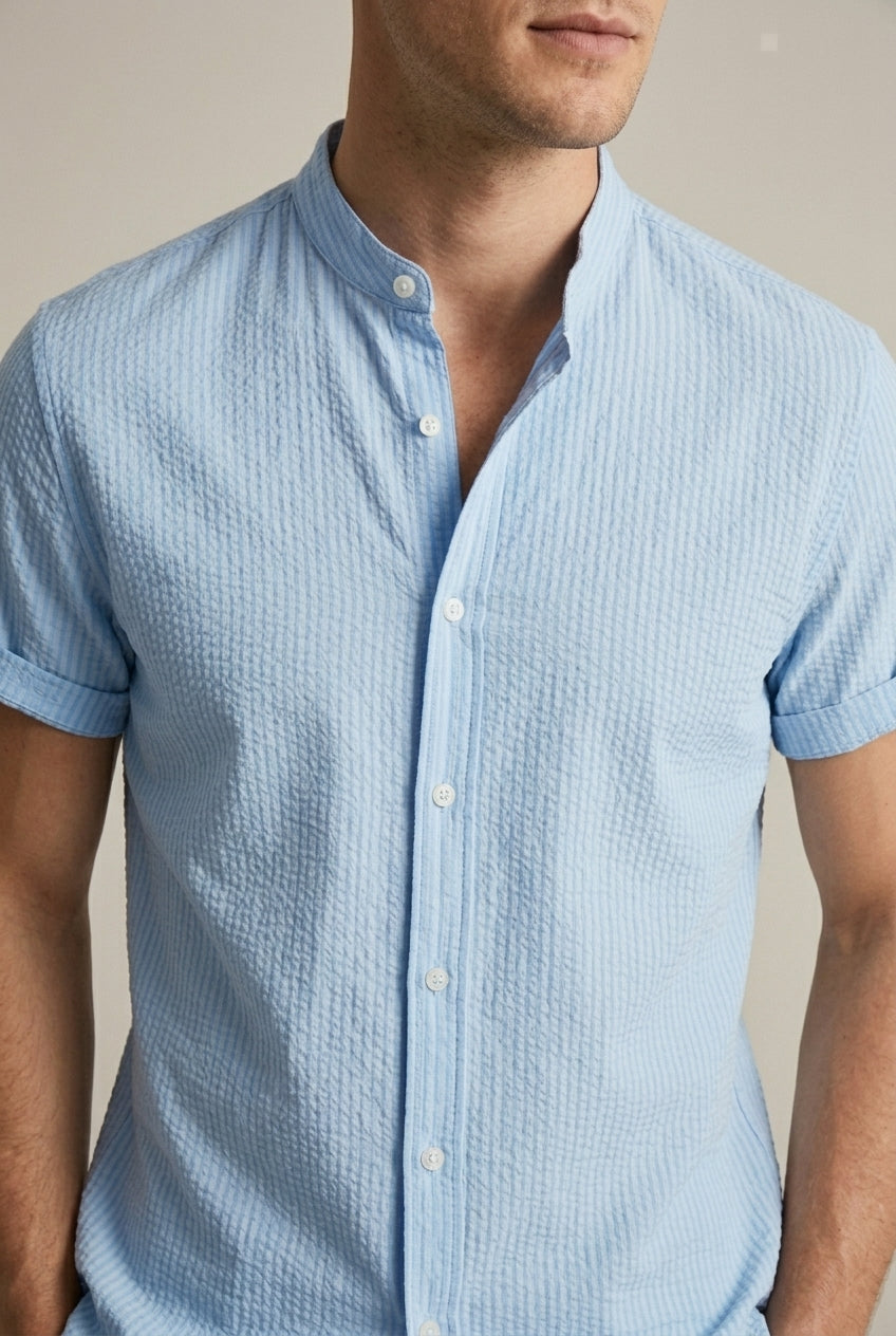 Men's Seersucker Band-Collar Shirt – Short Sleeve Relaxed