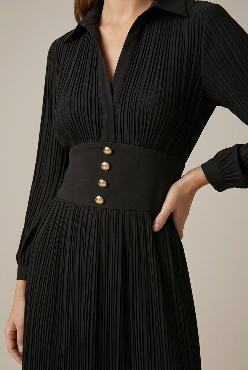 Women's Pleated Maxi Dress – V-Neck Button Waist
