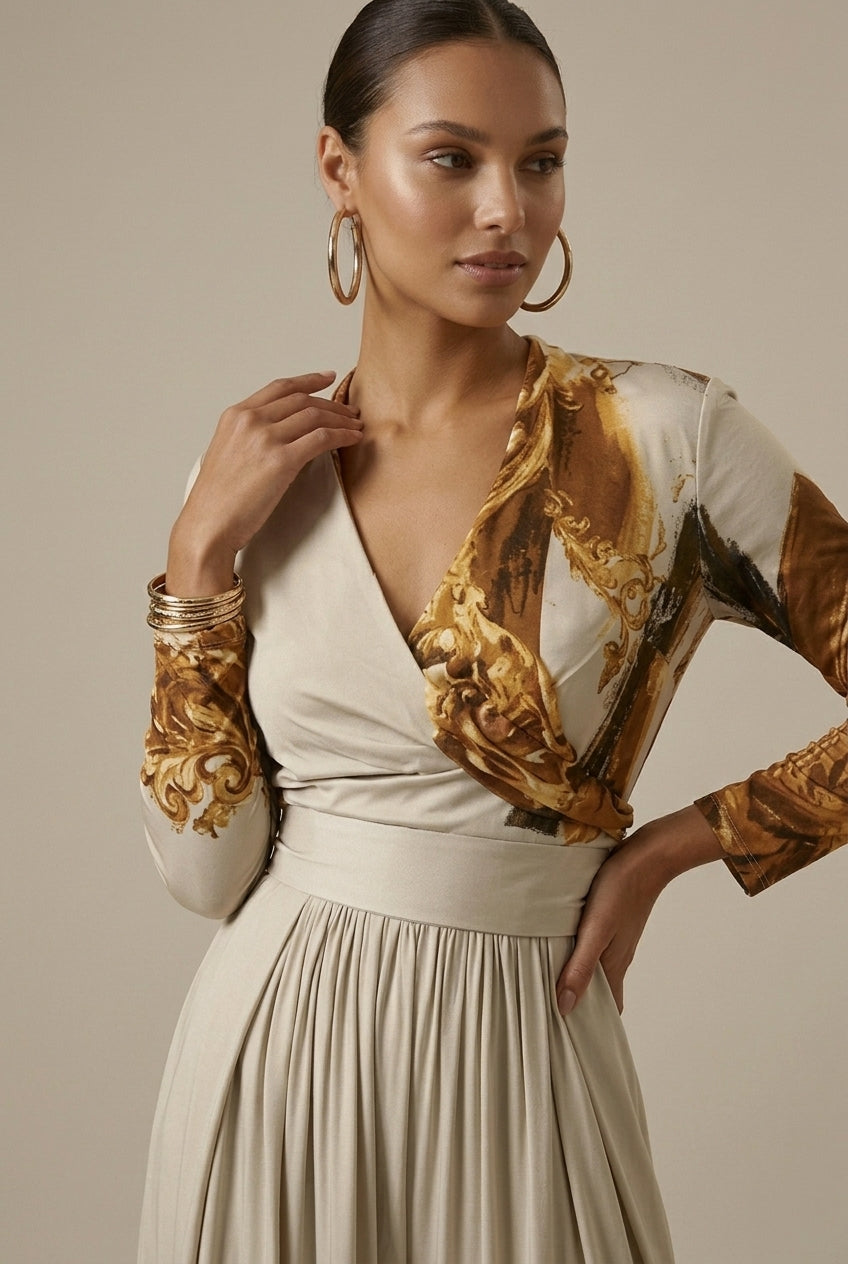 Women's Wide-Leg Jumpsuit – Abstract Print V-Neck