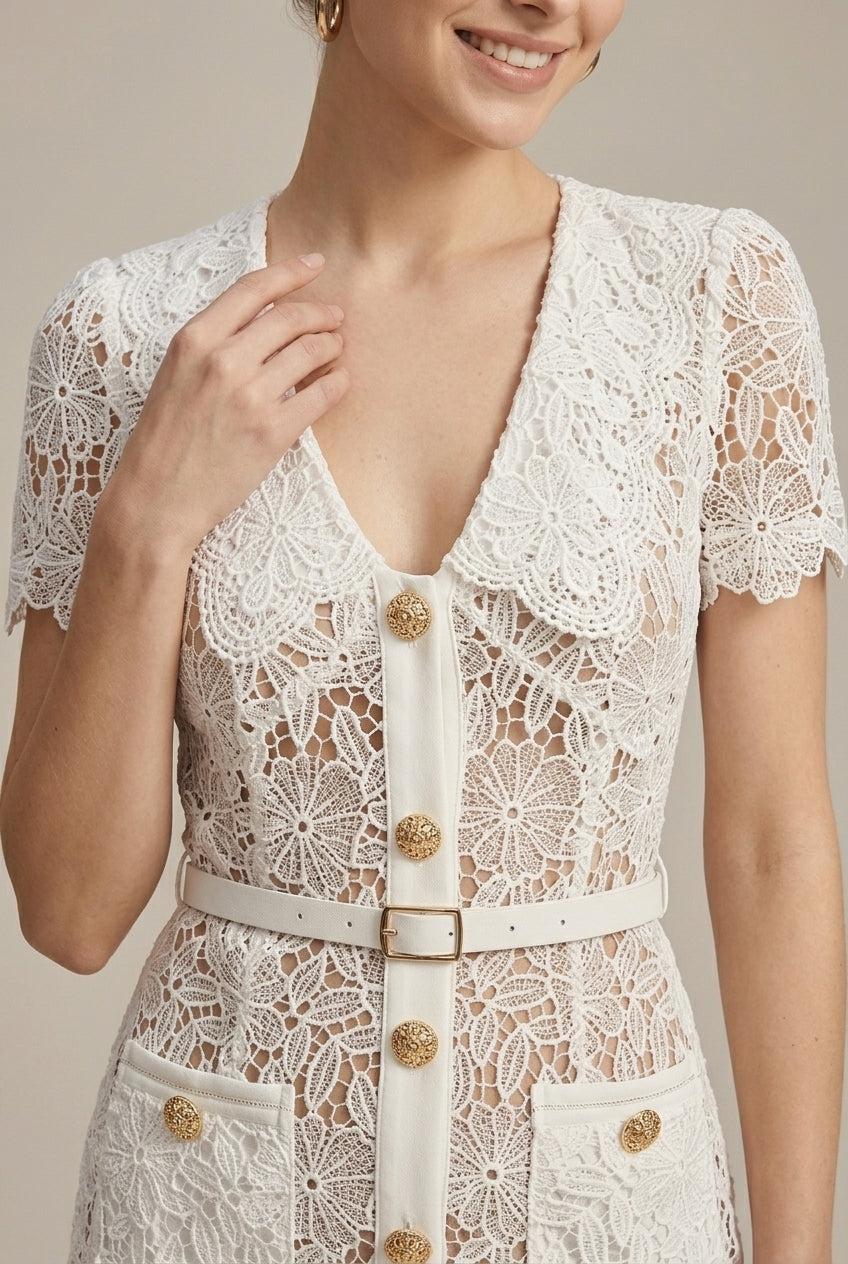 Women's Lace Midi Dress – Button-Front V-Neck