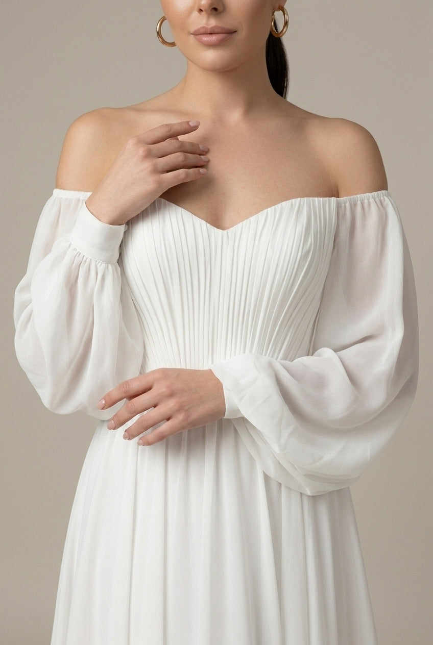 Women's Off-Shoulder Maxi Dress – Pleated Puff Sleeves