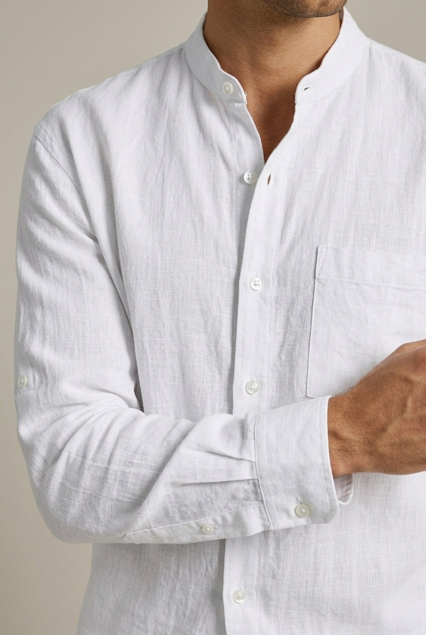 Men's Linen-Look Shirt and Shorts Set – Band Collar Relaxed Fit
