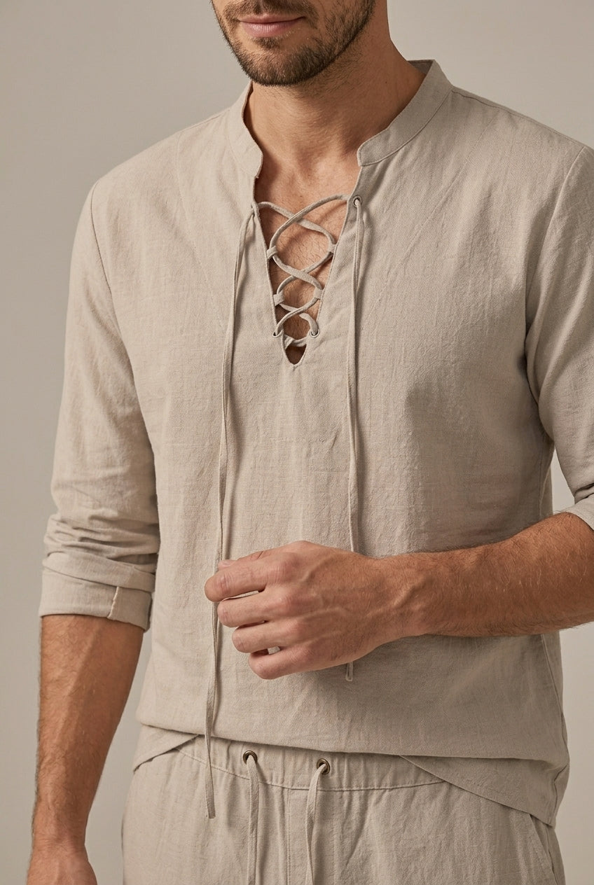 Men's Two-Piece Set – Lace-Up V-Neck Shirt & Pants