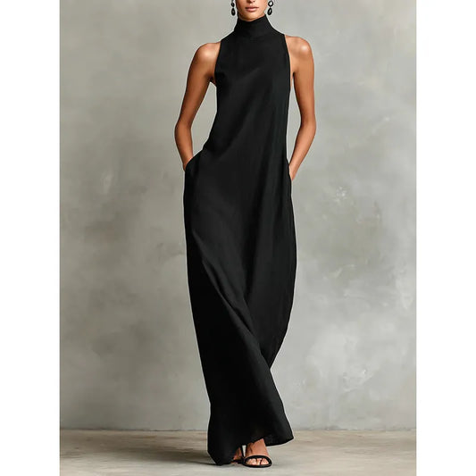 Women's Sleeveless Maxi Dress – Mock Neck with Pockets