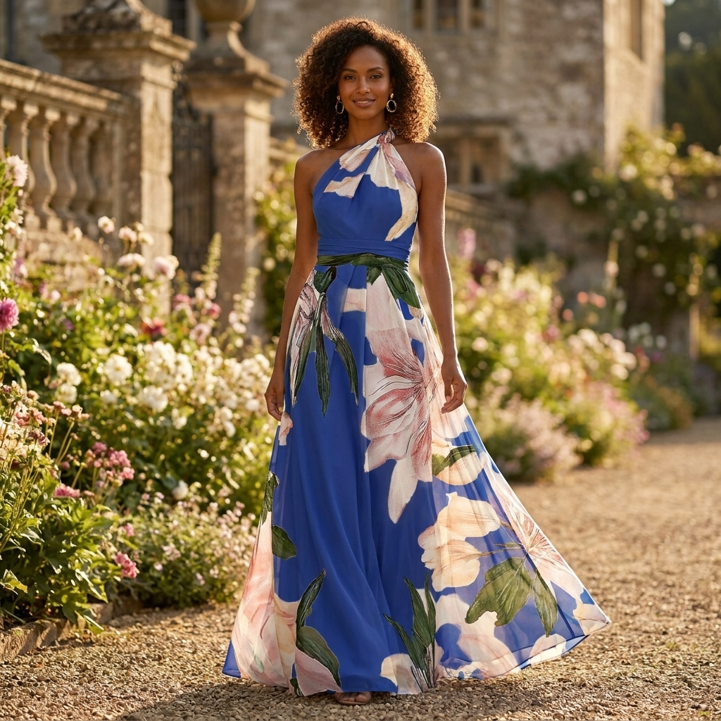 Women's Halter Maxi Dress – Asymmetric Draped Print