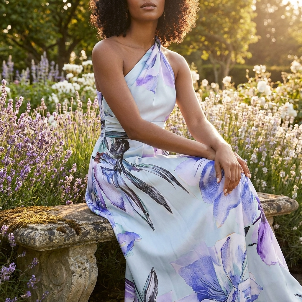 Women's Halter Maxi Dress – Asymmetric Draped Print