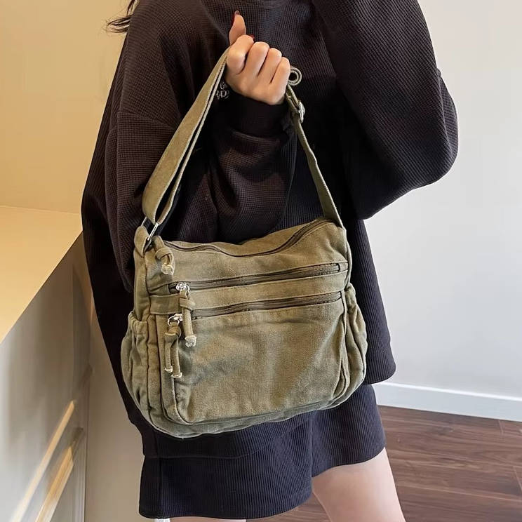 Women's Canvas Crossbody Bag – Multi-Pocket Adjustable Strap