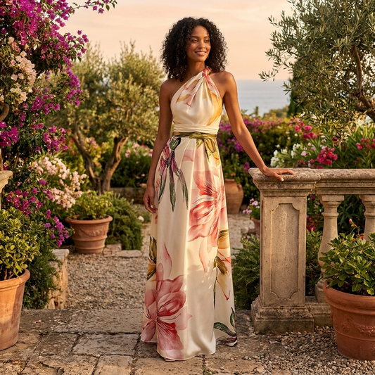 Women's Halter Maxi Dress – Asymmetric Draped Print