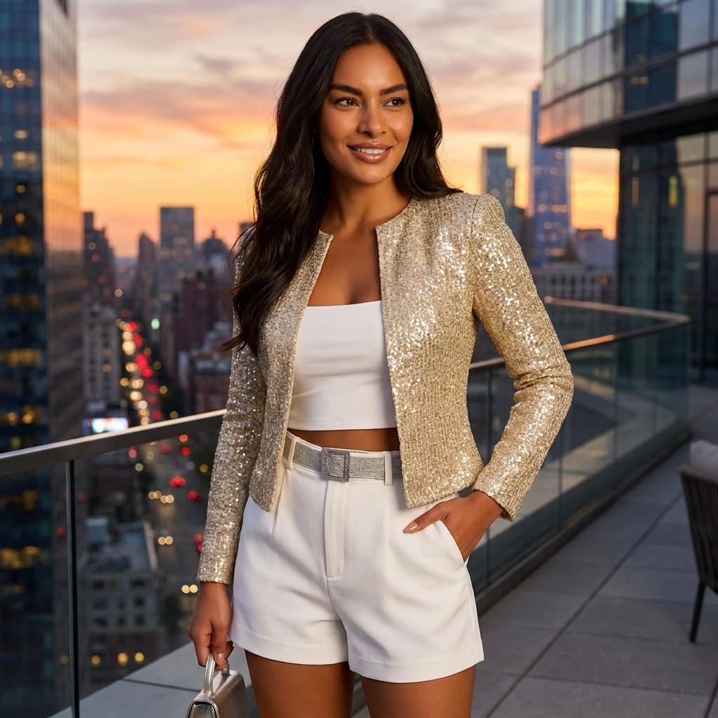Women's Sequin Cropped Blazer – Open-Front Structured Fit
