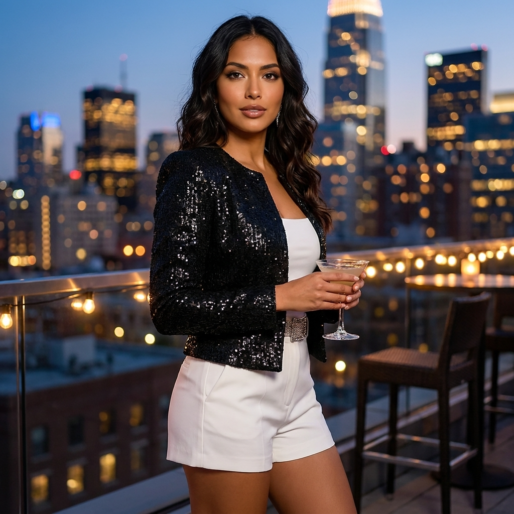 Women's Sequin Cropped Blazer – Open-Front Structured Fit