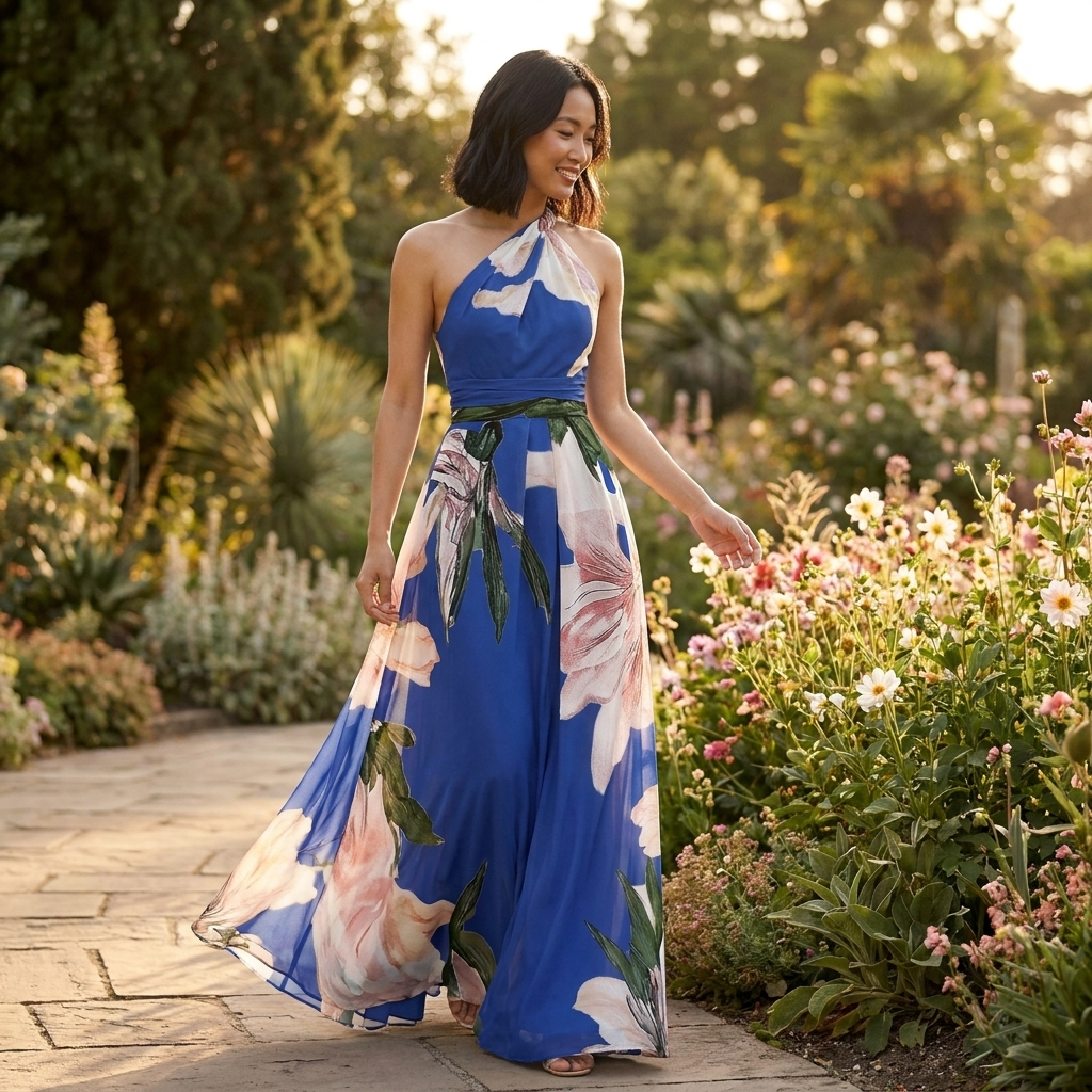 Women's Halter Maxi Dress – Asymmetric Draped Print