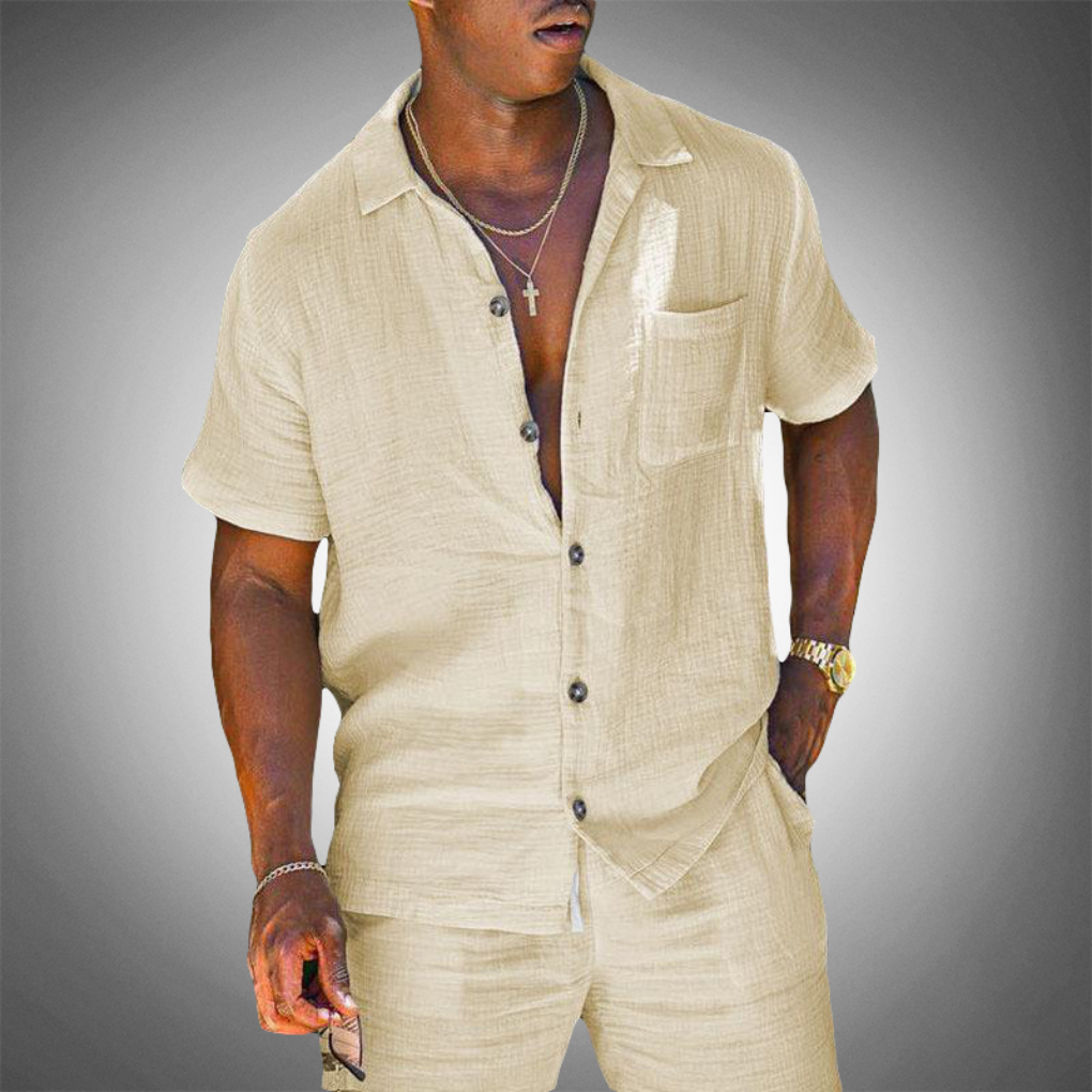 Men's Linen-Look Two-Piece Set – Short Sleeve Relaxed Fit
