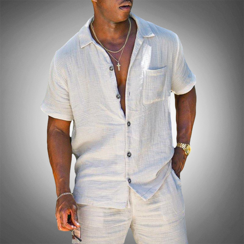 Men's Linen-Look Two-Piece Set – Short Sleeve Relaxed Fit