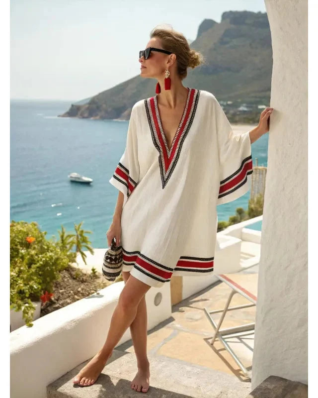 Women's Kaftan Mini Dress – Striped Trim V-Neck