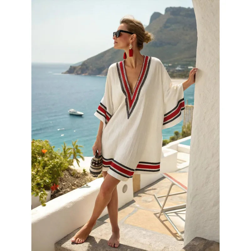 Women's Cotton Kaftan Dress – V-Neck Striped Trim