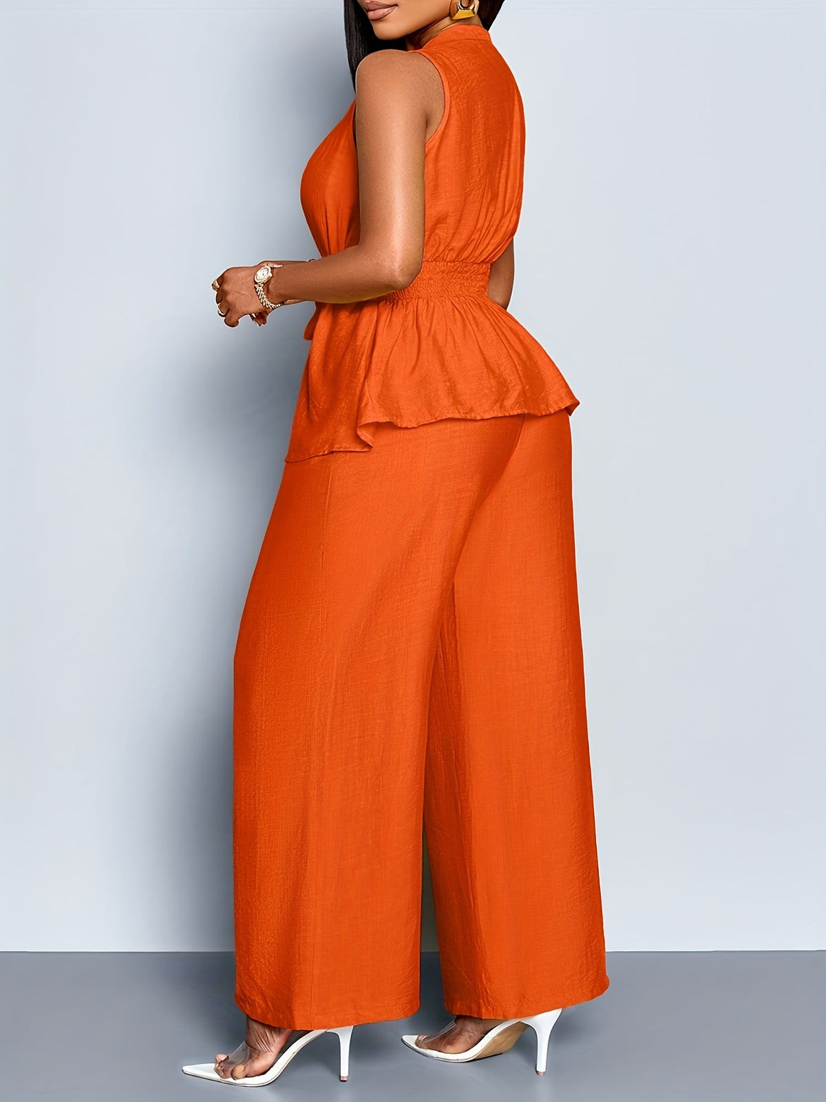 Women's Wrap Top and Wide-Leg Pants Set – Peplum Tie Waist