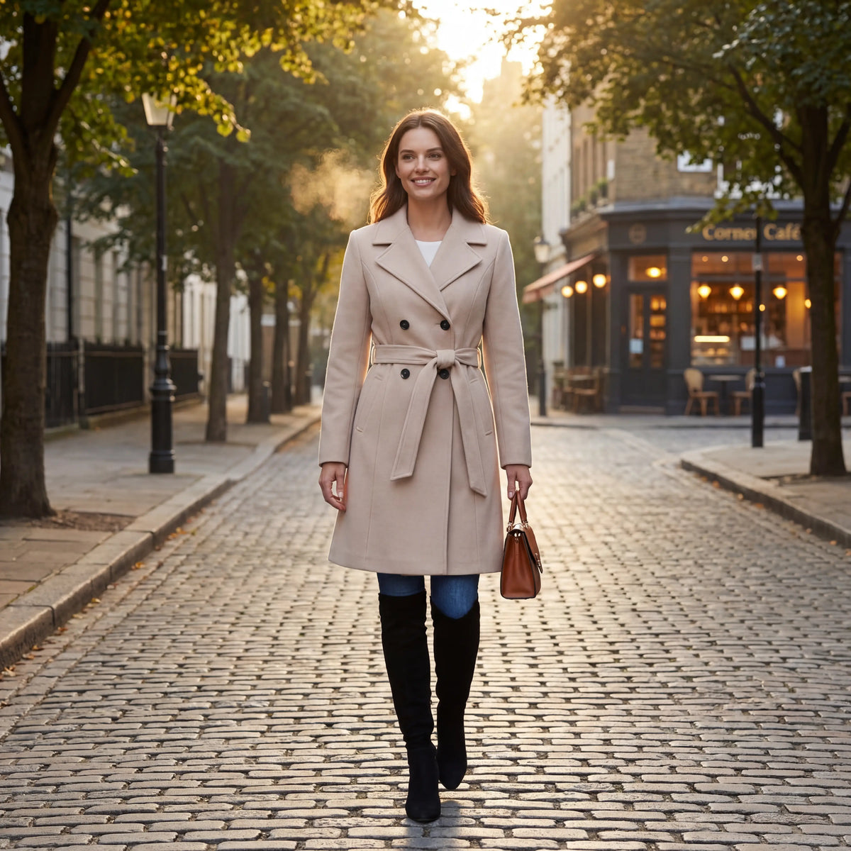Women's Fitted Wool-Blend Coat – Lace-Up Back Longline
