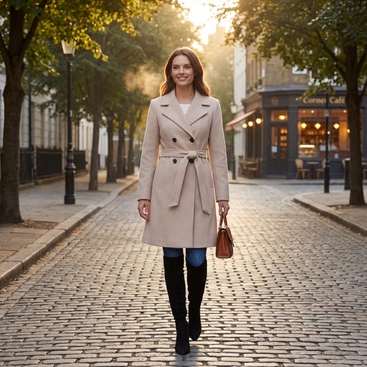 Women's Fitted Wool-Blend Coat – Lace-Up Back Longline