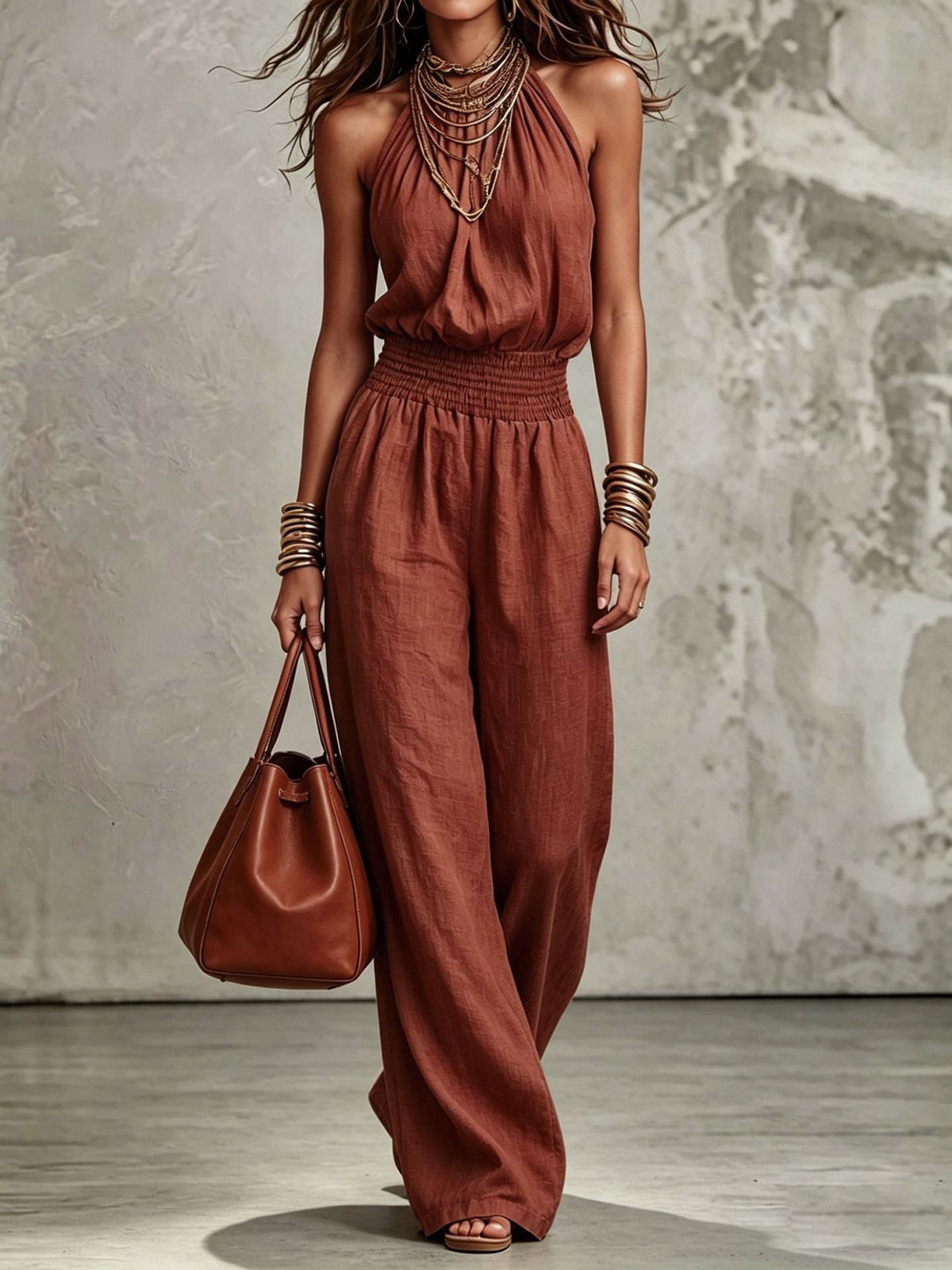 Women's Halter Neck Jumpsuit – Smocked Waist Wide Leg