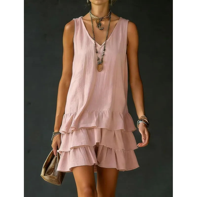 Women's Sleeveless V-Neck Mini Dress – Cotton-Linen Relaxed Fit
