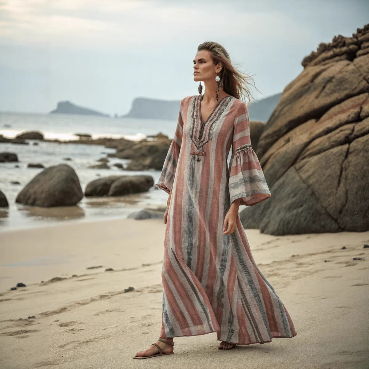 Women's Kaftan Maxi Dress – V-Neck Stripe Trim